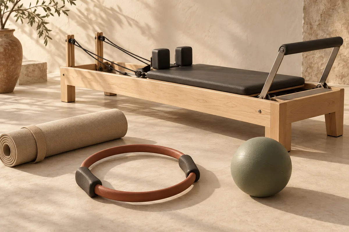 Composition éditoriale : Reformer, anneau, tapis et petit ballon dans un studio aux tons naturels.